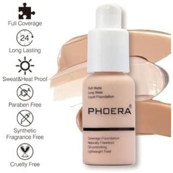 ABRUS® - Phoera Foundation Makeup, Full Coverage, Soft Matte Oil Control Concealer, Liquid Foundation, Long Lasting 24HR Waterproof and Blendable 30ml (105 Sand)