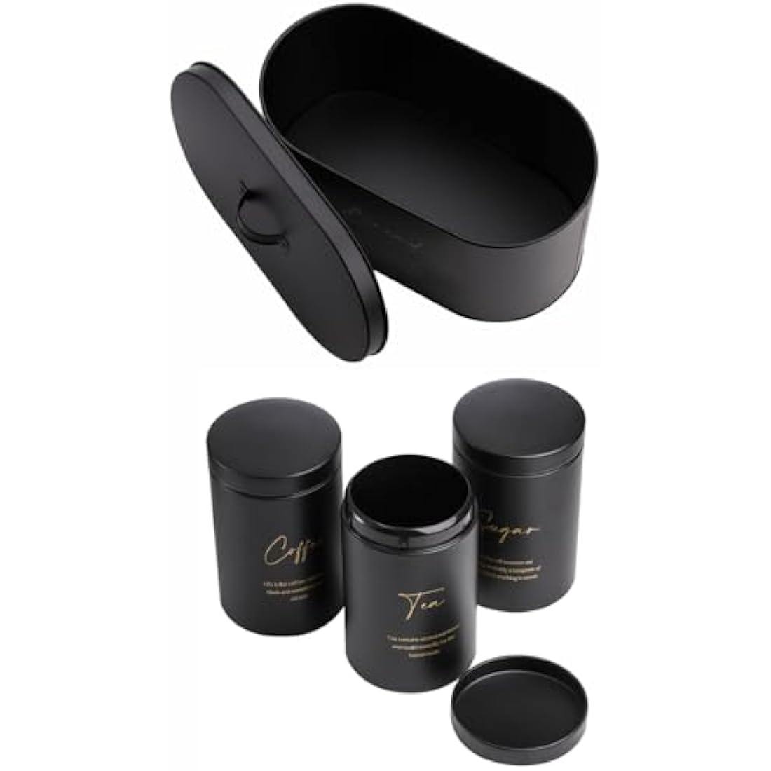 Hacaroa Set of 4 Bread Box and Canister Set for Kitchen Countertop, Metal Bread Bin Sugar Tea Coffee Storage Canister with Lid, Biscuit Tin Set for Loaf, Pastry, Dry Food, Black
