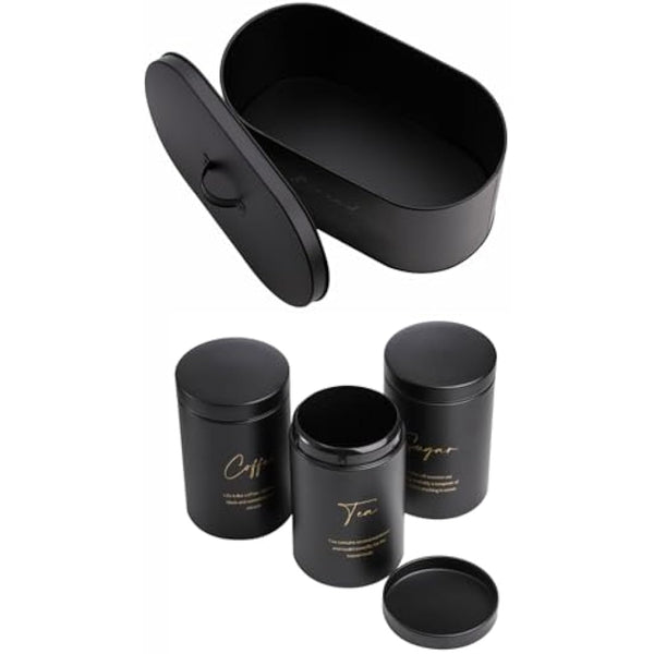 Hacaroa Set of 4 Bread Box and Canister Set for Kitchen Countertop, Metal Bread Bin Sugar Tea Coffee Storage Canister with Lid, Biscuit Tin Set for Loaf, Pastry, Dry Food, Black