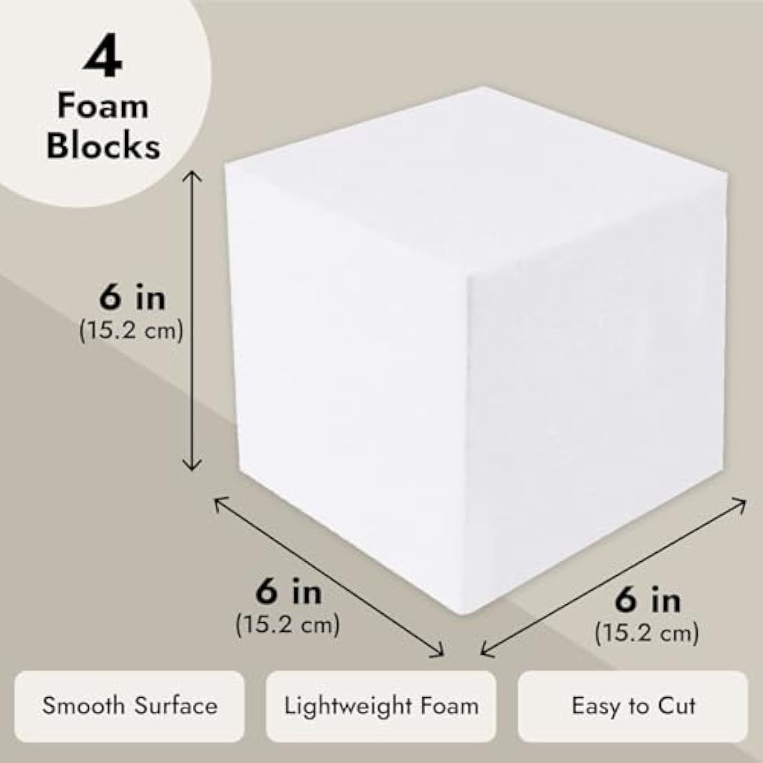 4 Pack Foam Cube Squares for Crafts - Polystyrene Blocks for DIY Projects, Models, Arts Supplies (15.2 x 15.2 x 15.2 cm, White)