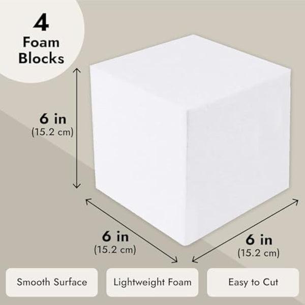 4 Pack Foam Cube Squares for Crafts - Polystyrene Blocks for DIY Projects, Models, Arts Supplies (15.2 x 15.2 x 15.2 cm, White)