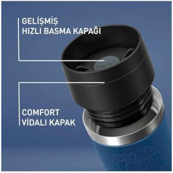 Tefal Travel Mug Classic Blue, Comfort Screw Lid, Quick Press, Soft-Touch Sleeve, Travel-Ready, Reusable, 100% Leak-Proof, Keeps Drinks Cold (8 hrs) and Hot (4 hrs), 360° Drinking, N2020310