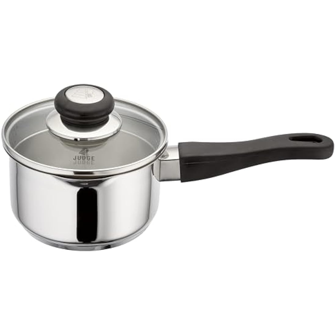 Judge Vista Draining Stainless Steel Medium Saucepan with Pouring Lip 14cm 1L, Shatterproof Glass Strain & Pour Lid, Induction Ready, Oven Safe