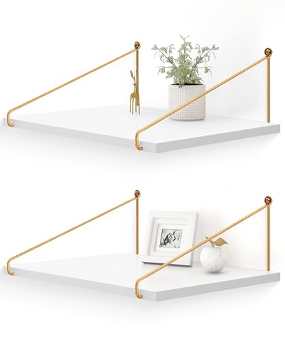 Afuly Wide Floating Shelves White Wood Wall Shelf with Gold Bracket Large Wall Organizer 12 inch Deep Storage Shelves for Bedroom, Bathroom, Living