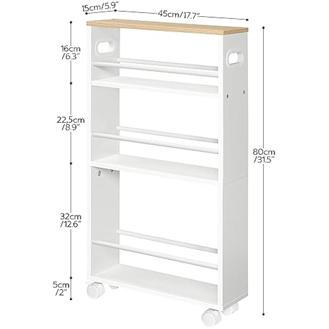 HOOBRO Slim Storage Trolley, Narrow Kitchen Cart, Slide Out Kitchen Trolley on Wheels, 4-Tier Rolling Utility Cart with Handle, for Small Space, Bathroom, Living Room, White and Natural EWN15TC01