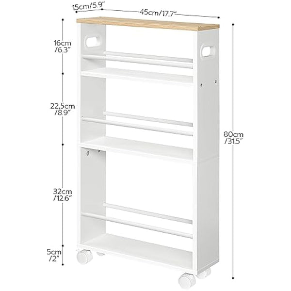 HOOBRO Slim Storage Trolley, Narrow Kitchen Cart, Slide Out Kitchen Trolley on Wheels, 4-Tier Rolling Utility Cart with Handle, for Small Space, Bathroom, Living Room, White and Natural EWN15TC01