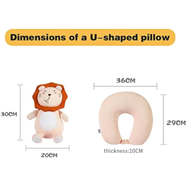 JOYRAVO 2-in-1 Travel Pillow for Kids - Soft and Adorable Animals Plushie That Converts into a U-Shaped Neck Pillow for Ultimate Comfort During Airplane, Train, Bus Trip -Pink Lion