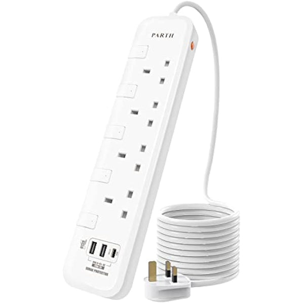 Extension Lead with USB Slots, 3m Long Heavy Duty Cable Extension Cord, Surge Protected Extension Plug with PD18W QC 3.0 USB Ports, 3 Metre 4 Way UK 13a Plug Extension Sockets Power Strip with Switch