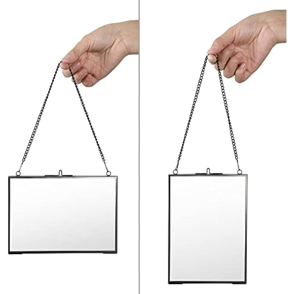 SUMTree Set of 2 Black Glass Hanging Photo Picture Display Frame, Floating Glass Picture Frame with Chain for Family Tree Mini Photo, Gallery Wall Art Work, Pressed Flower, collage, etc, 5 * 7 inch