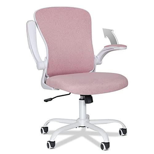 Fullwatt Pink Modern Office Gaming Relaxing Ergonomic Mesh Back Flip-up Armrest Task Chair with Lumbar Support, Mesh Seat, Nylon Wheels, 60cm Seat