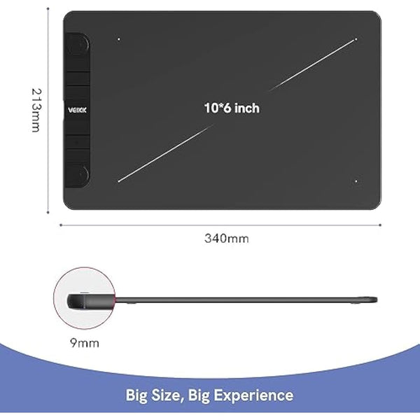Digital Graphics Drawing Tablet, 10x6 inch VEIKK VK1060PRO with 2 Scroll Wheels, 6 Express Keys, Battery-Free Stylus with Tilt Function for Windons、Mac OS、Android And Linux