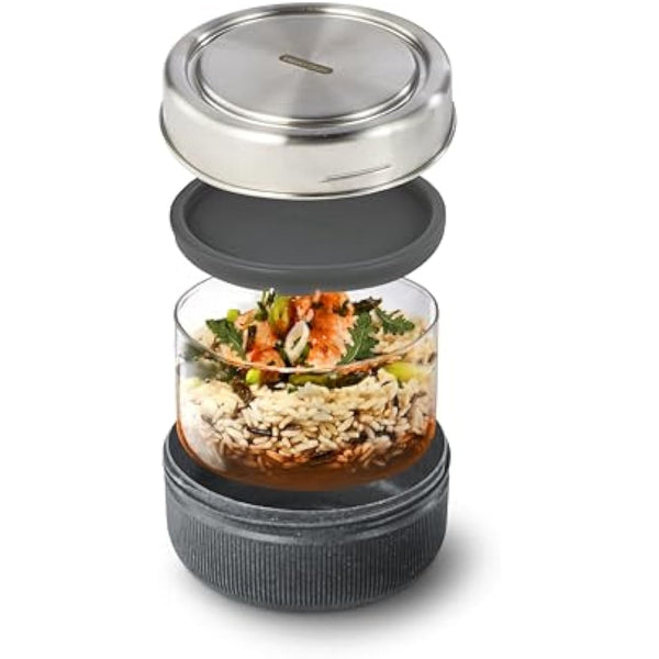 Black+Blum Bowl | Leakproof Meal Prep Lunch Box Food Container, Glass, stainless steel, polypropylene with wood fibre and silicone, Slate, 750 ml/ 25 fl oz