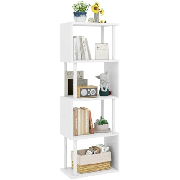 IBUYKE 5/6-Tier Tall Bookshelf,S-Shaped Geometric Bookcase, Wood Display Shelves With Storage,Modern Bookshelf for Living Room Bedroom, Home Office, White WBC015W
