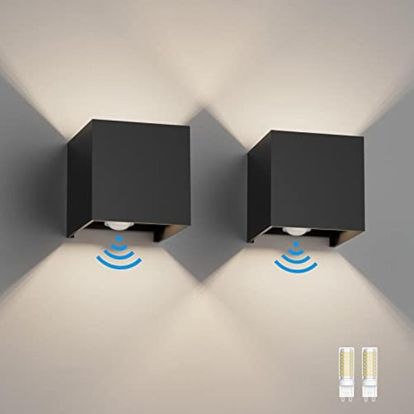 Klighten 2PCS Outdoor Wall Light with Motion Sensor, Waterproof IP54 Outside Wall Lamps with Sensor, Adjustable Beam Angle, Natural White 4000K, Black (G9 LED Bulb Include)