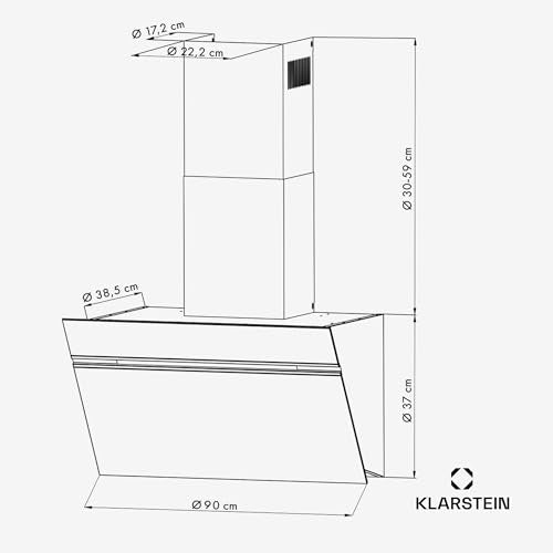 Klarstein Alina 90 Angled Cooker Hood - 600m³/h Air Flow, Touch Panel, LED Backlighting, Quiet 63dB, Energy Class A, 90cm Extractor Hood, Black