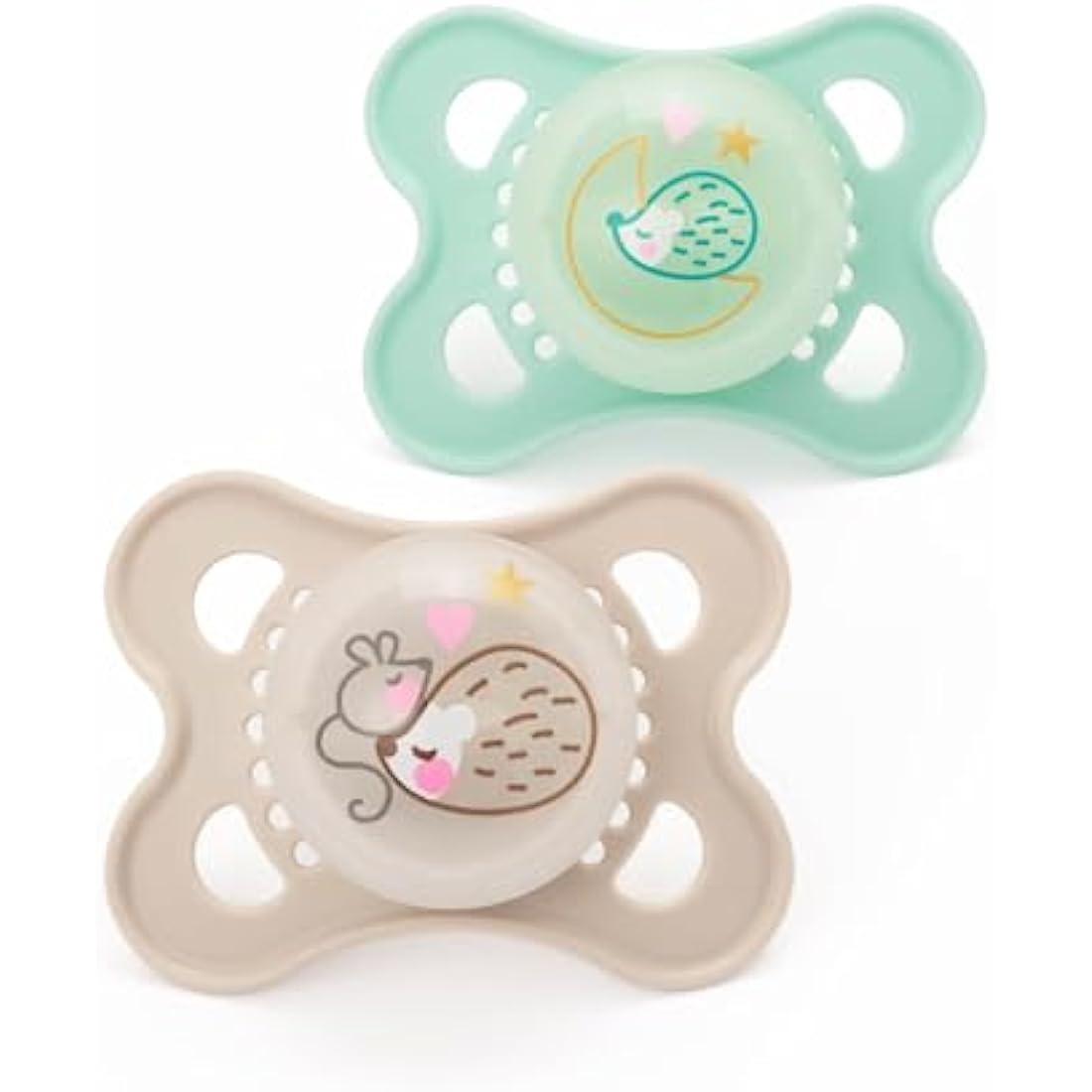 MAM Original Night Soothers | 0-6 Months | 2 Pack | Glow in The Dark | Comes in Dummy Steriliser Case | Baby Accessories for Newborn | Cream (Various Designs)
