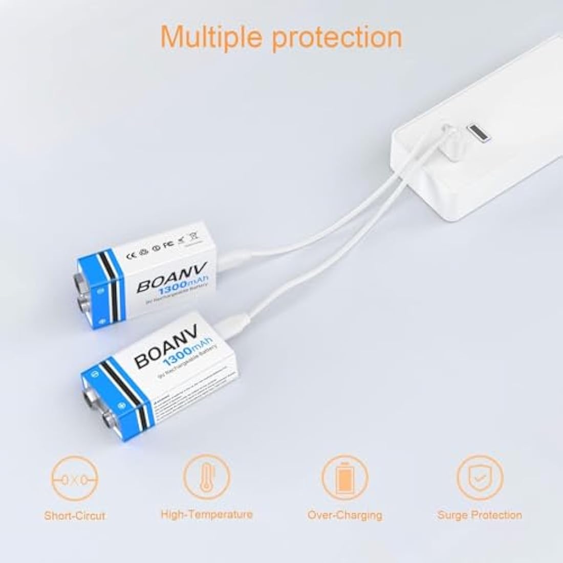 6 Pack 9V Rechargeable Batteries 1300mAh, 9V Rechargeable USB Lithium Long Lasting Battery, with 2 in 1 Charging Cable, for Smoke Detectors, Alarms, Keypad, Microphone