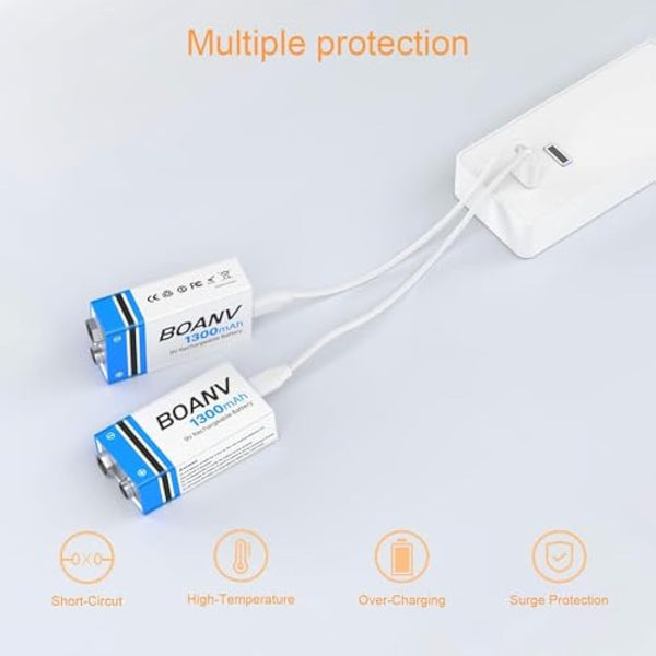 6 Pack 9V Rechargeable Batteries 1300mAh, 9V Rechargeable USB Lithium Long Lasting Battery, with 2 in 1 Charging Cable, for Smoke Detectors, Alarms, Keypad, Microphone
