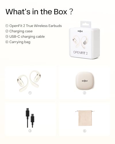 SHOKZ OpenFit 2 Open-Ear Headphones, True Wireless Bluetooth Earphones with Microphone, Earhook Earbuds with 48 Hours of Playtime, USB-C Fast Charging, IP55 Water-Resistant, with Carrying bag, Black