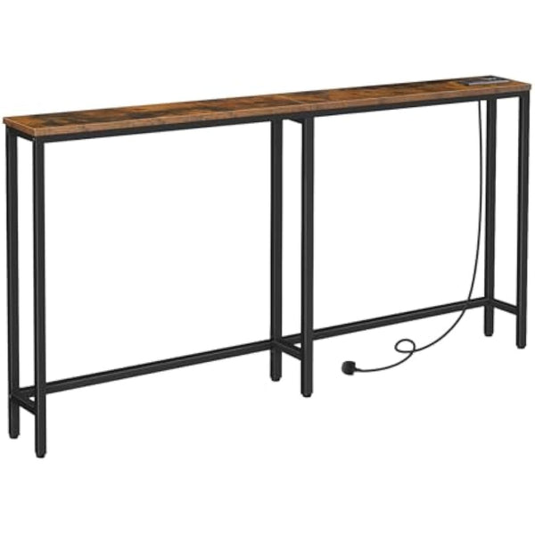 HOOBRO Narrow Console Table with Charging Station, 160 cm Behind Sofa Couch Table, Long Hallway Table, Slim Console Table for Hallway, Entryway, Living Room, Rustic Brown and Black EBF165KXG01
