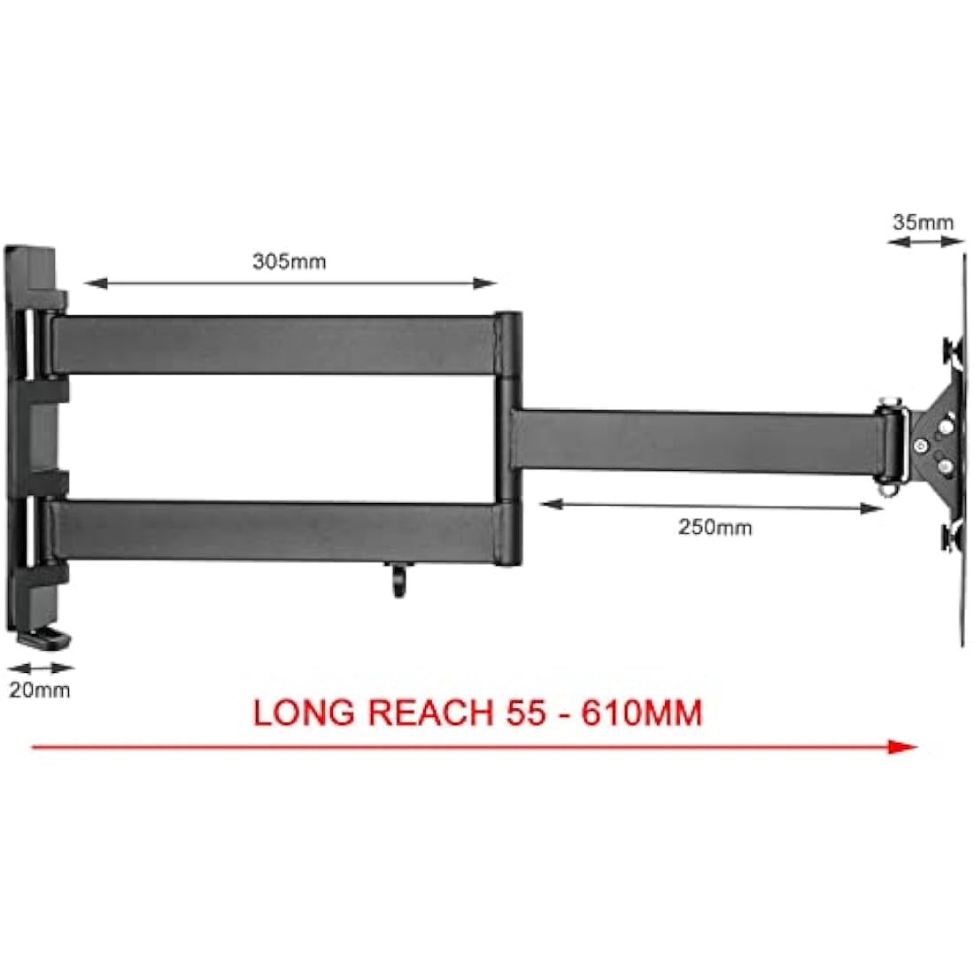Intec brackets – Longest 610mm Reach Ultra Slim Fitting Strong Cantilever tilt and swivel TV wall mount bracket fits most TV’s 26 – 40 inch with cable management system.