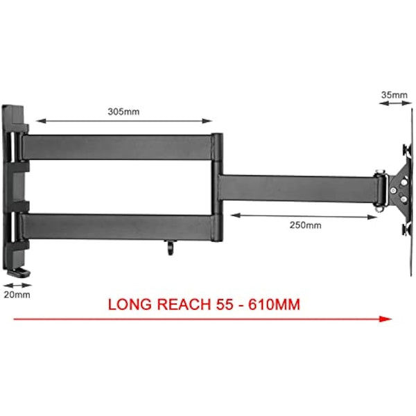 Intec brackets – Longest 610mm Reach Ultra Slim Fitting Strong Cantilever tilt and swivel TV wall mount bracket fits most TV’s 26 – 40 inch with cable management system.