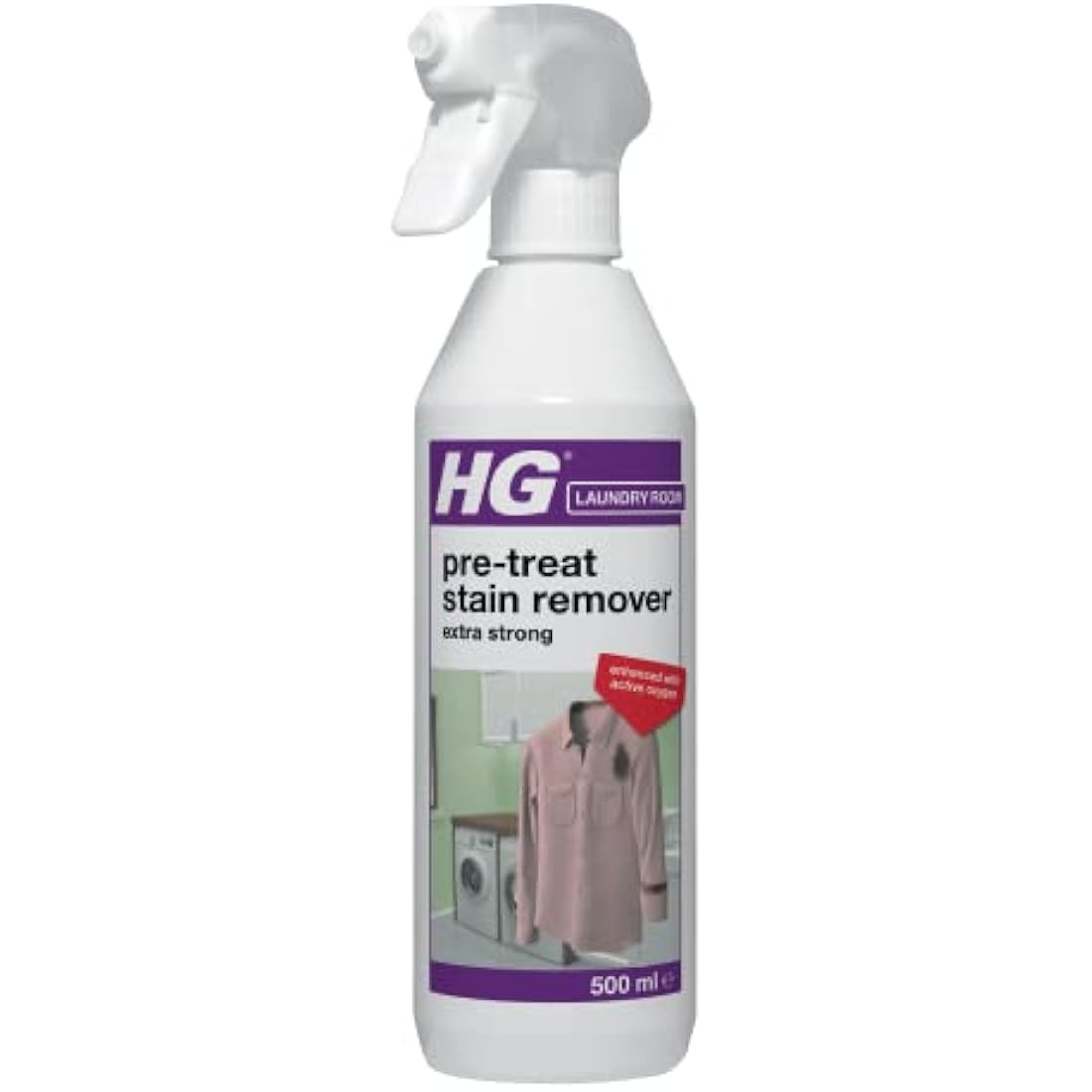 HG Laundry Pre-Treat Stain Remover, Extra Strong Pre-Wash Clothing & Fabric Spray with Active Oxygen, Removes Spots & Stains, Heavy Duty Formula Ideal for Whites & Colours – 500ml (649050106)