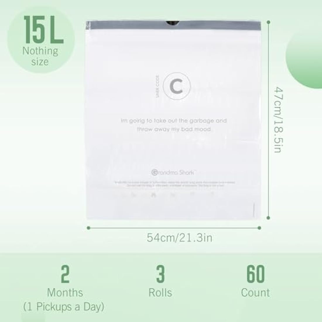 GRANDMA SHARK 10L - 15L Bin Bags Liners Drawstring Trash Bag, Handle Waste Bags, 60 Garbage Bag, Super Strong, Anti-drip Unscented, 47 × 54 cm
