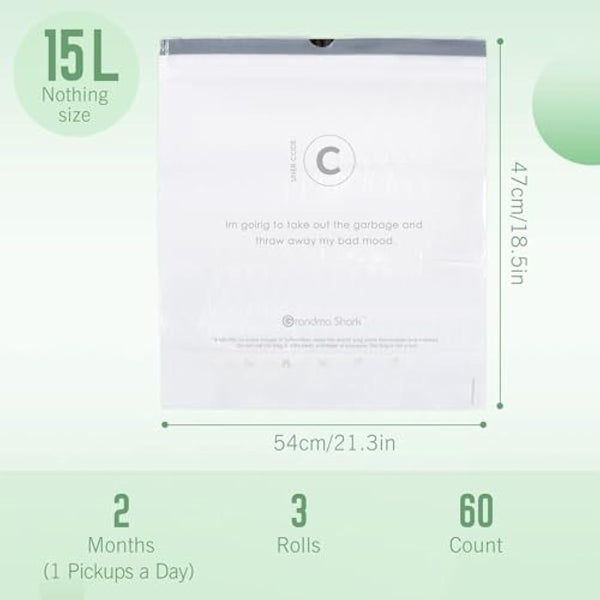 GRANDMA SHARK 10L - 15L Bin Bags Liners Drawstring Trash Bag, Handle Waste Bags, 60 Garbage Bag, Super Strong, Anti-drip Unscented, 47 × 54 cm