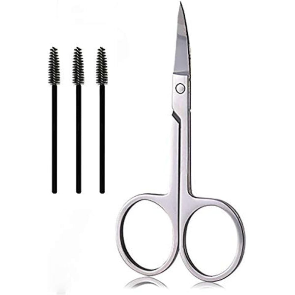 Eyebrow Scissors and Three Eyebrow Brushs,Nose Beard Trimming Scissors Eyelash with Curved Craft Stainless Steel Scissors