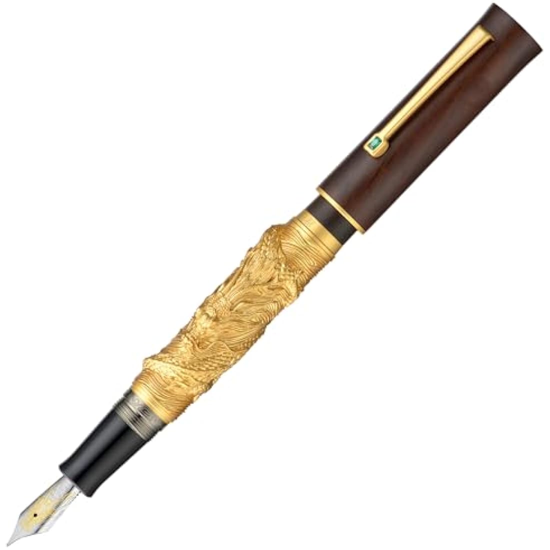 Hongdian N24 Fountain Pen Fine Nib, Golden Dragon Stereoscopic Carving with Red Wood Design