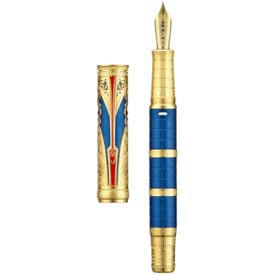 Hongdian D5 Qin Dynasty Fountain Pen Blue Gold, Extra Fine Nib Piston Filling Pen, Retro Chinese Totem Engraving Smooth Writing Pen with Pen Box Set