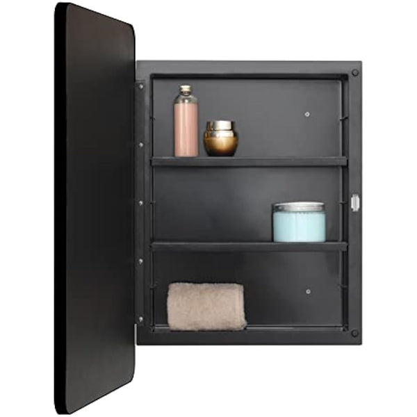 Fundin Plastic Mirror Cabinet, Beveled Edge Mirror Door with Round Corner Metal Frame, Recessed and Surface Mount, Black,40 X 61 CM