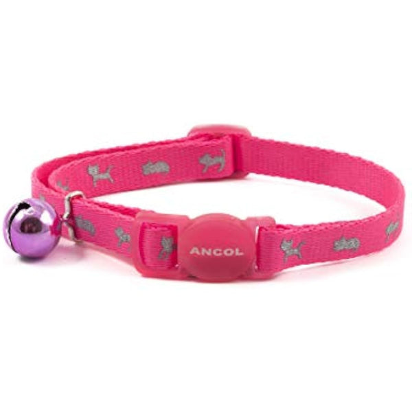 Ancol Hi-Vis Safety Kitten Collar Neon Pink Reflective Adjustable Break Away Buckle Light Bell Low Light Visibility Pet Safety Neckband One Size