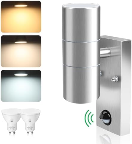 ALUSSO LIGHTING Up Down LED Wall Light PIR Motion Sensor 8W 750LM Stainless Steel Lamp, with GU10 Bulbs 3000K 4000K 6000K Adjustable, Outdoor Security Light IP65 Waterproof for Hallway Porch, Silver