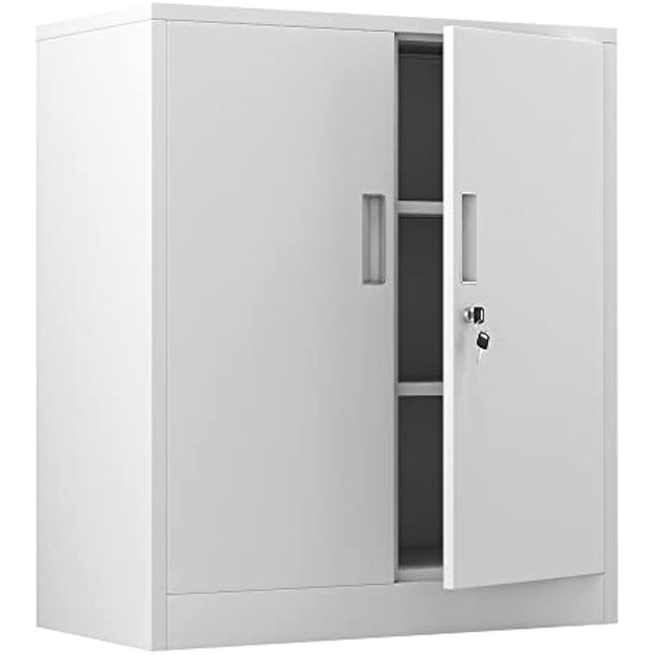 iJINGUR Metal Storage Cabinet with Locking Doors and 2 Adjustable Shelves, Small Lockable Storage Cupboard for Home Office Garage (White)