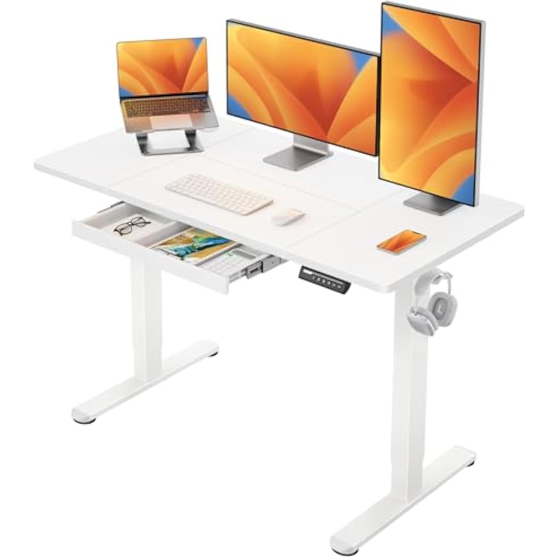 ErGear Electric Standing Desk 120 x 60 cm, Height Adjustable Desk, Sit Stand Table with Easy-Glide Drawer & 4 Memory Smart Pannal, T-Leg Design for Stability, Splice Board, White Frame & Surface
