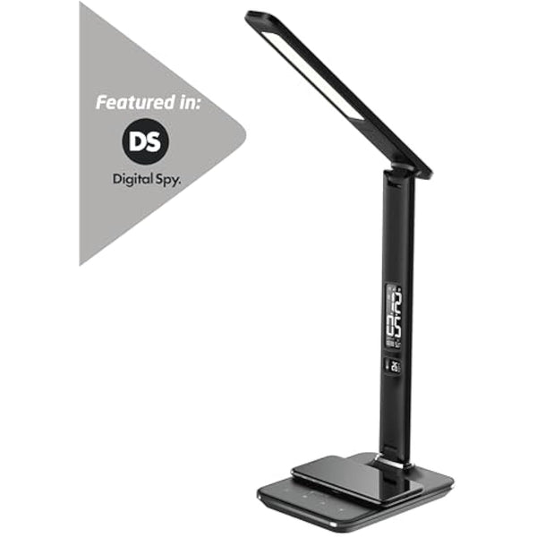 groov e Ares LED Lamp - Touch Control Desk Light with Fold Design - 3 Lighting Modes, Built-in Wireless Charger, Alarm Clock, & Digital Display with Time & Calender - Mains Operated - Black