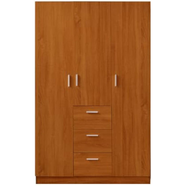 3 Door 3 Drawer Wardrobe, Modern Solid Pine Wood Wardrobe with Hanging Rail Living Bedroom Furniture (Oak)