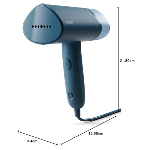 Philips 3000 Series Handheld Steamer, 1000W, 20 g/min Steam, Kills Germs, Detachable 100ml Water Tank, Compact + Foldable, Plastic Plate, Blue (STH3000/26)