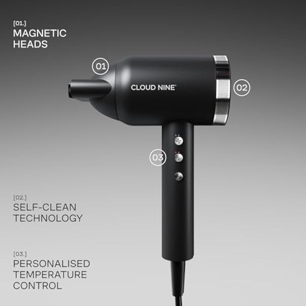 CLOUD NINE The Airshot Pro Hair Dryer | Powerful Salon Self Clean Mode Long Lasting Temperature Control | Eco Precision Motor Magnetic Diffuser | 1600W Lightweight & Portable