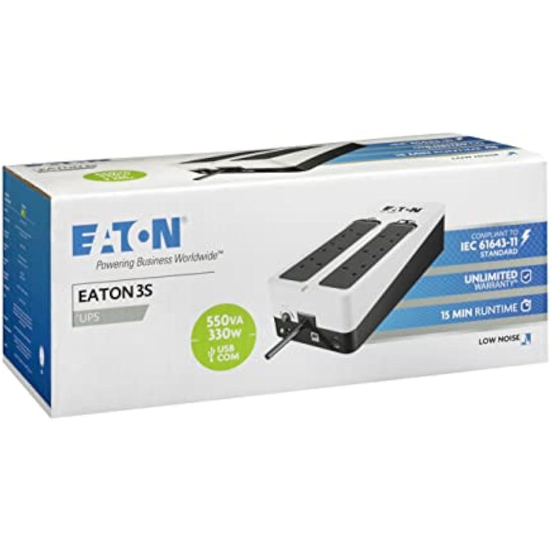 Eaton 3S 550B UPS - Off Line Uninterruptible Power Supply - 3S550B - 550VA (6 BS outlets, USB, Quiet, Shutdown software) - USB Interface (cable included) - Black&White