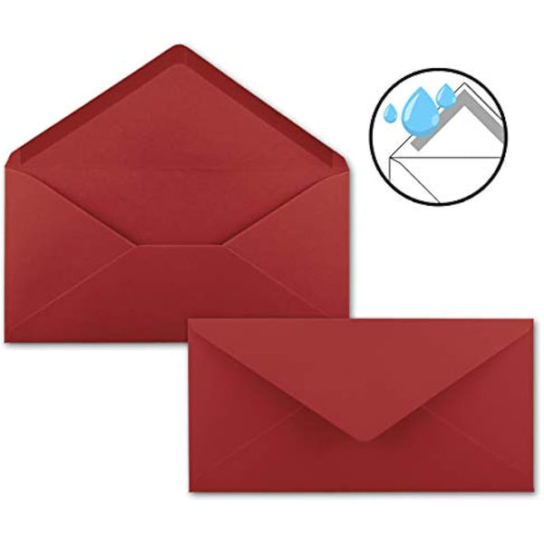 Gummed Envelopes | DL Format 110 x 220 mm | Completely Coloured Paper | Postal Envelopes without Window | Ideal for Christmas, Greetings and Invitation Cards | FarbenFroh Series 150 Umschläge dark red