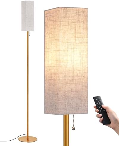 EDISHINE Floor Lamp, Standing Lamp with Square Linen Lampshade, Floor Lamps for Living Room, Bedroom, 165cm, E27 Socket(9W LED Dimmable Bulb Included), Magnetic Remote Control, Gold