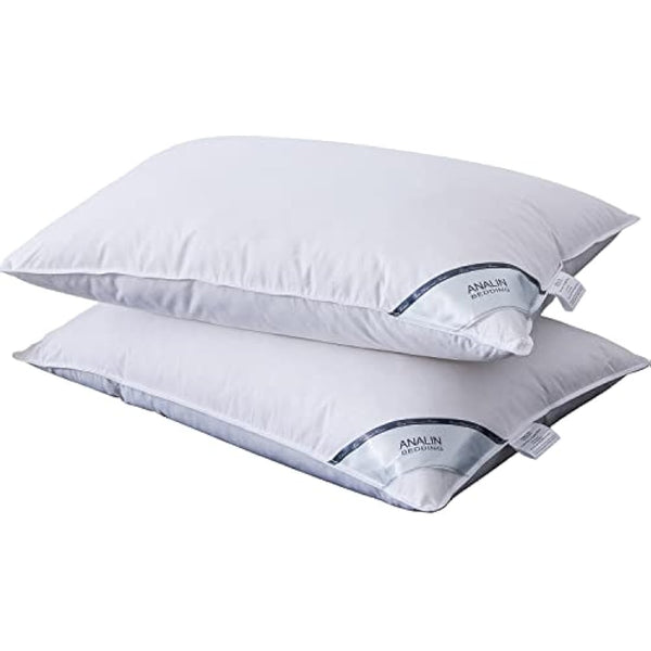 ANALIN 2 Pack Goose Feather Down Pillows, 100% Cotton Shell, Non-allergenic & Anti dust mite, Soft Hotel Quality Pillows (15% Goose Down)