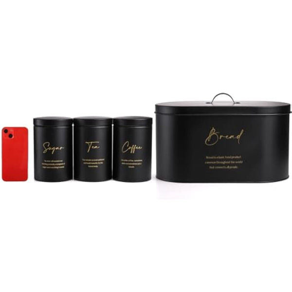 Hacaroa Set of 4 Bread Box and Canister Set for Kitchen Countertop, Metal Bread Bin Sugar Tea Coffee Storage Canister with Lid, Biscuit Tin Set for Loaf, Pastry, Dry Food, Black