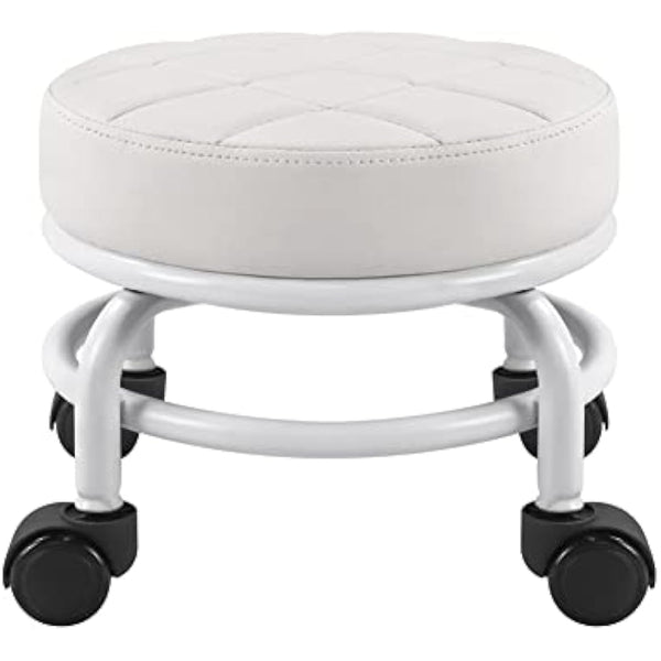 FURWOO Roller Seat PU Leather Low Round Rolling Floor Stool with Universal Caster Wheels for Home Fitness Sport Pedicure Stool, H：25.5cm(White)