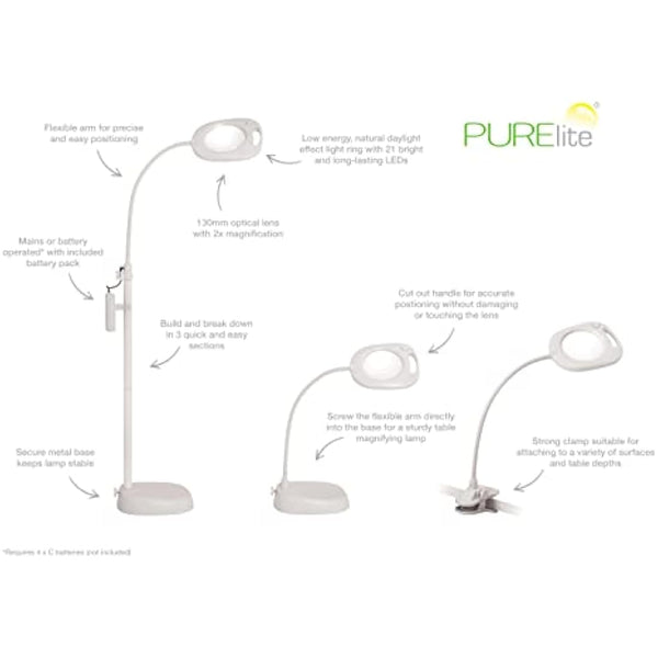 PURElite Magnifying LED Floor Lamp – 3in1 Lamp, Table Lamp & Clip-on Light, Natural Daylight Bulbs, Dimmer Switch, Adjustable Flexi Neck, For Needlework, Sewing, Crafting, Reading