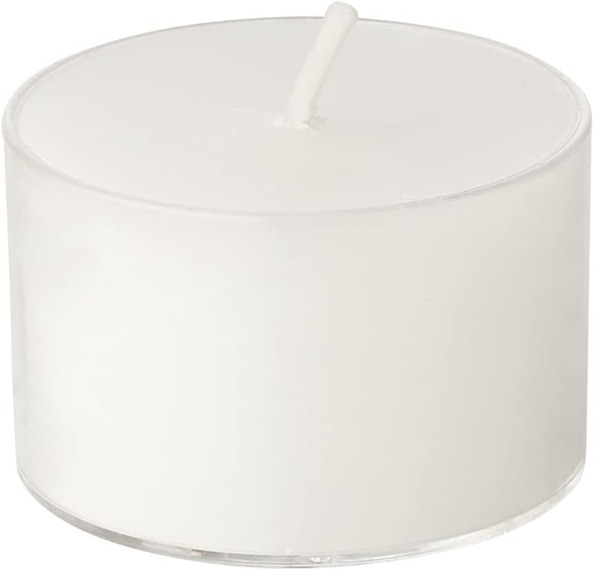 Horeca Candles - Tea Light Candles in Clear Cup 200 Pack - 8 Hours Burn Time - White Wax - Smokeless, Dripless, Unscented Candles Bulk