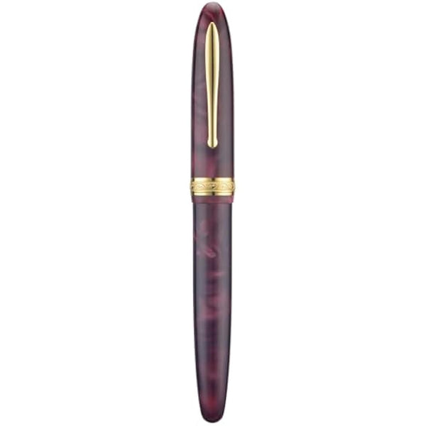 Hong Dian N9 Fountain Pen, Long Leaf Medium Point Gold Ornaments, Wine Red and Acrylic Design with Converter and Metal Pen Box